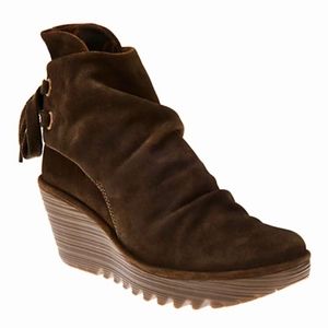 Fly London Yama Brown Suede Ruched Wedge  Ankle Boot Size 38 7.5 8
